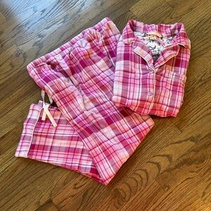 Soft Surroundings Pink Plaid Flannel Pajama Set with Contrast Piping